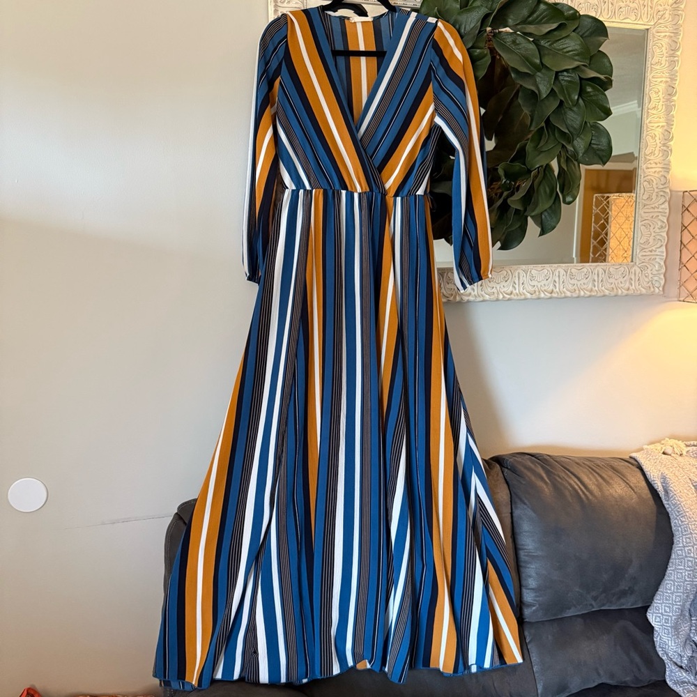 Alter’d State Striped Maxi Dress in Blue, White, and Gold